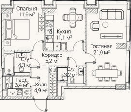 Планировка: 2-к, 64,6 м²