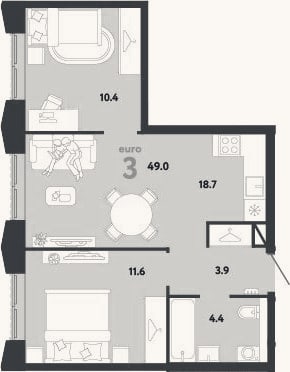 Планировка: 3-к, 49 м²