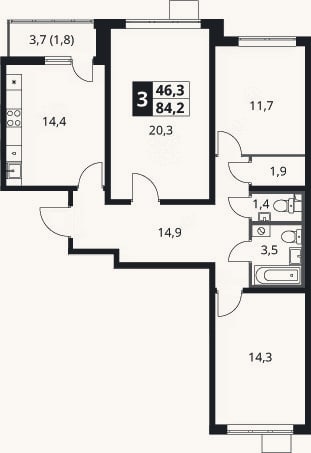 Планировка: 3-к, 82,4 м²