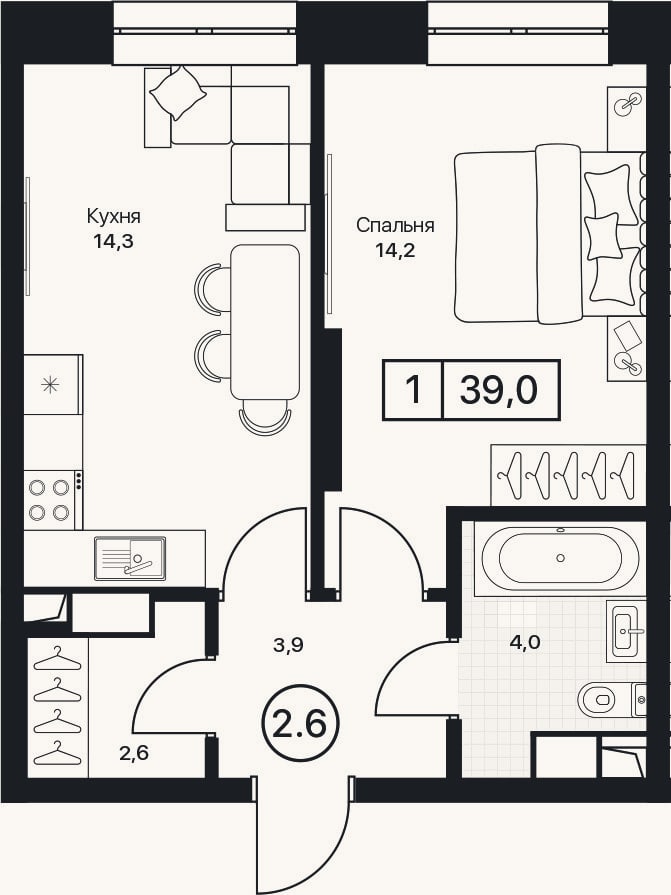 Планировка: 1-к, 39 м²
