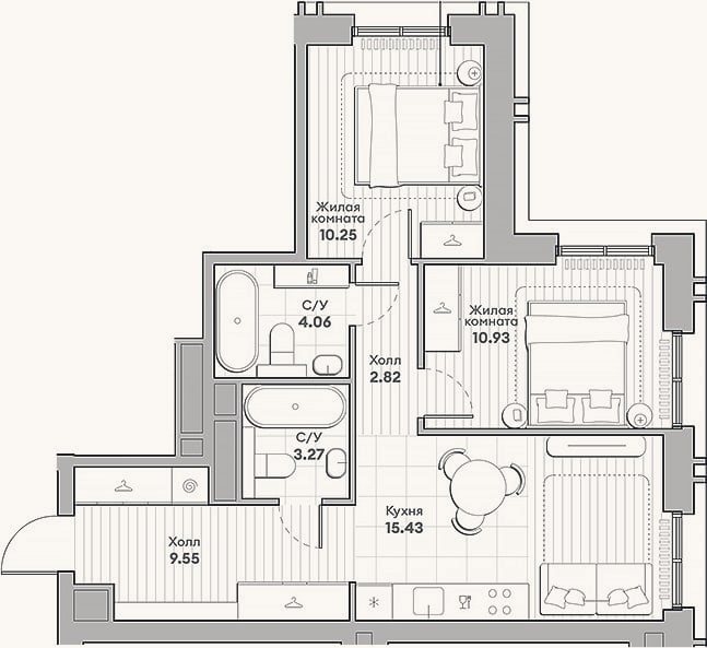 Планировка: 2-к, 56,3 м²