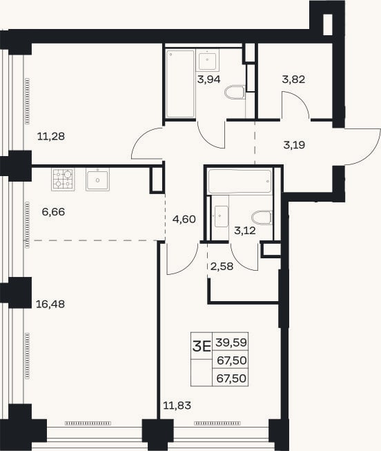Планировка: 3-к, 67,5 м²