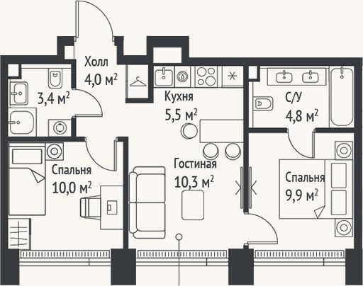 Планировка: 3-к, 47,9 м²
