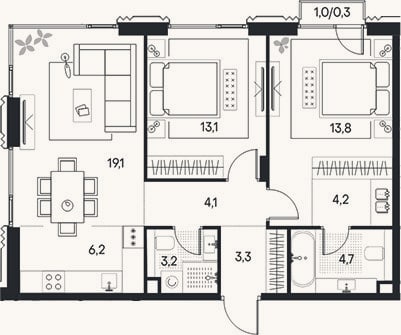 Планировка: 3-к, 71,7 м²