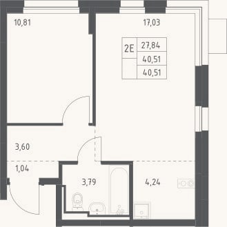 Планировка: 2-к, 40,5 м²
