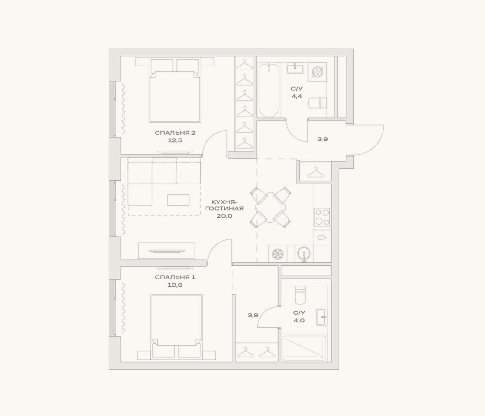 Планировка: 3-к, 59,3 м²