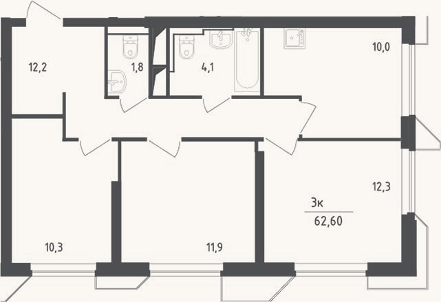 Планировка: 3-к, 62,6 м²