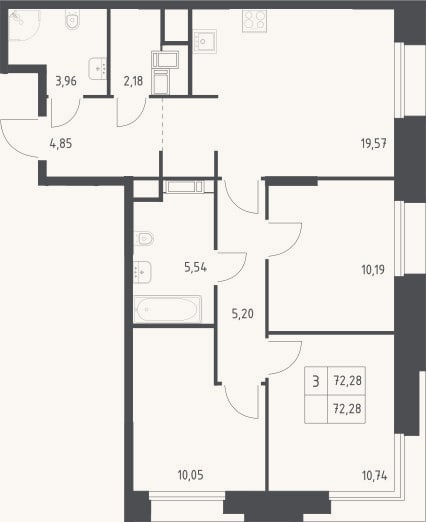 Планировка: 3-к, 72,3 м²