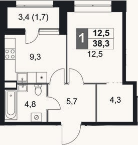 Планировка: 1-к, 36,6 м²