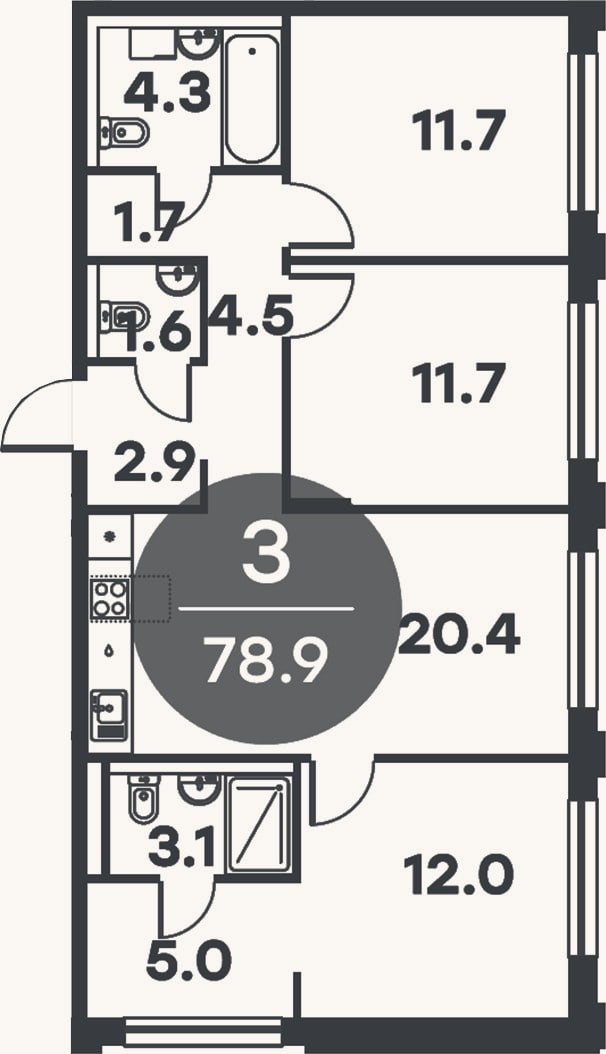 Планировка: 3-к, 78,9 м²