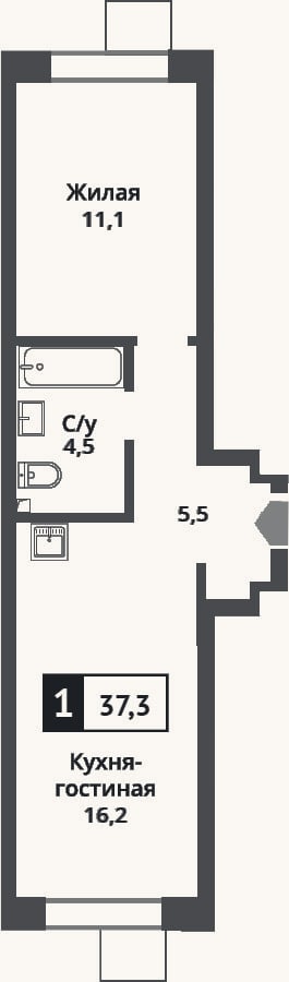 Планировка: 2-к, 37,3 м²