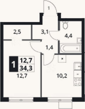 Планировка: 1-к, 34,3 м²