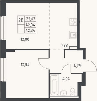 Планировка: 2-к, 42,3 м²