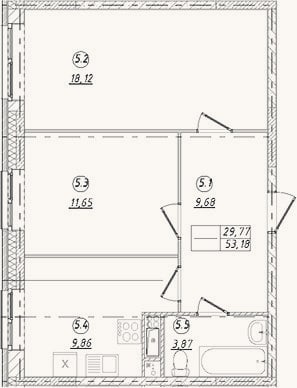 Планировка: 2-к, 53,2 м²