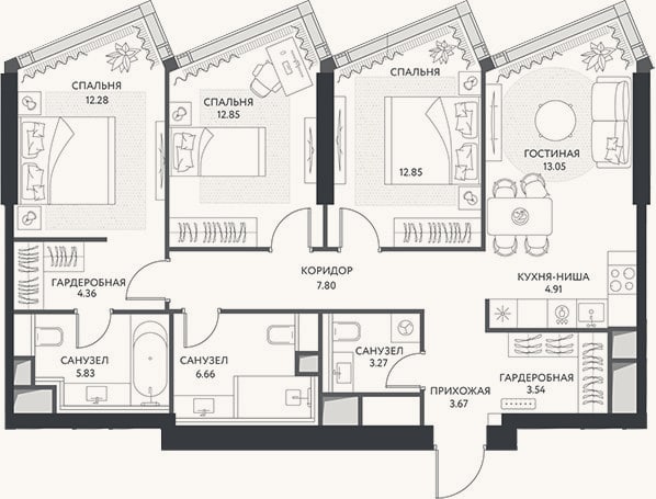 Планировка: 4+ к, 91,1 м²