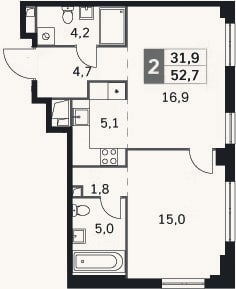 Планировка: 2-к, 52,7 м²