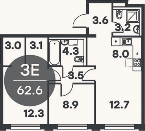 Планировка: 3-к, 62,6 м²