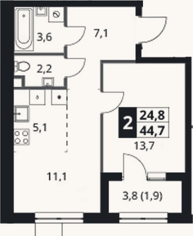 Планировка: 2-к, 42,8 м²