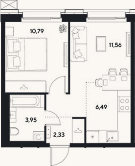 Планировка: 2-к, 35,1 м²