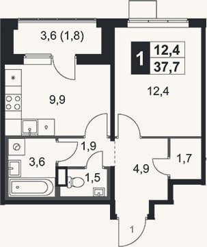 Планировка: 1-к, 35,9 м²