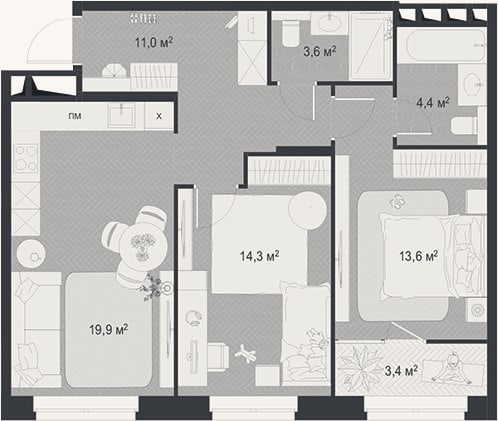 Планировка: 3-к, 66,8 м²