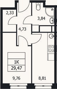 Планировка: 1-к, 29,5 м²