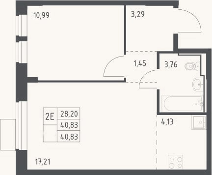 Планировка: 2-к, 40,8 м²