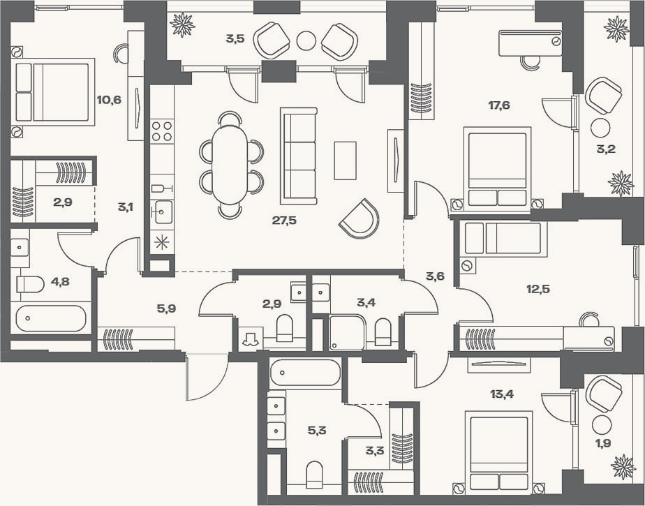 Планировка: 4+ к, 116,8 м²