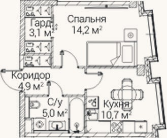 Планировка: 1-к, 37,9 м²
