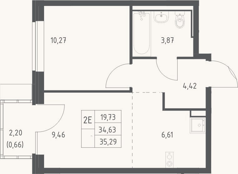 Планировка: 2-к, 34,6 м²