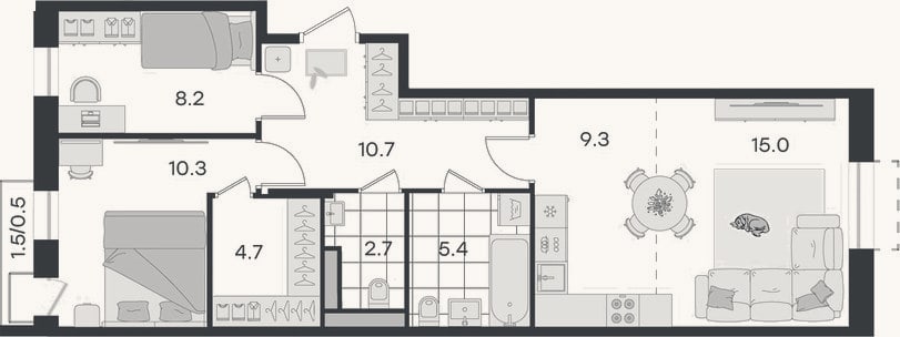Планировка: 3-к, 66,3 м²