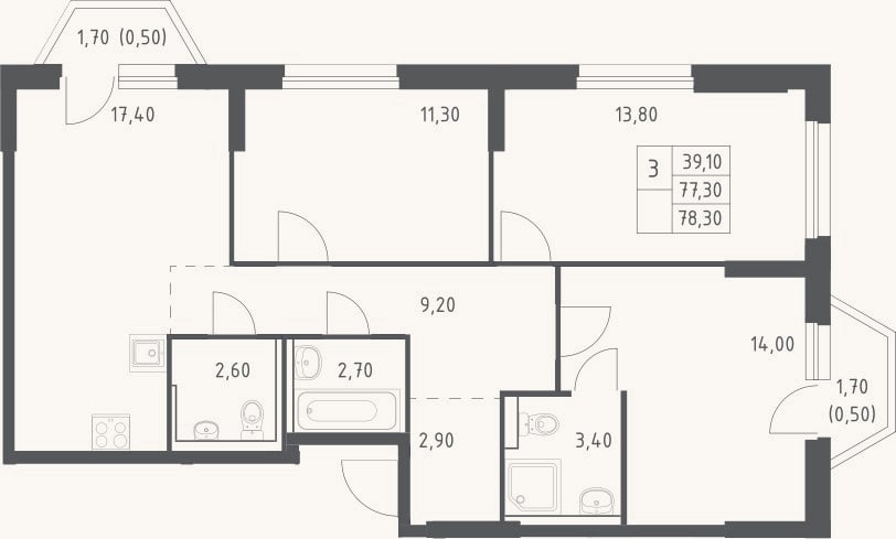 Планировка: 4+ к, 77,3 м²
