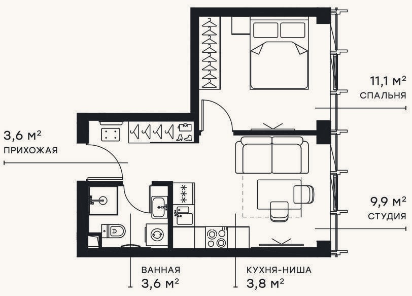 Планировка: 2-к, 32 м²