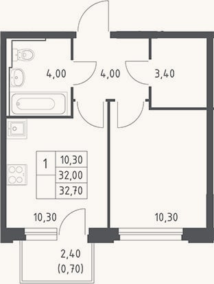 Планировка: 1-к, 32 м²