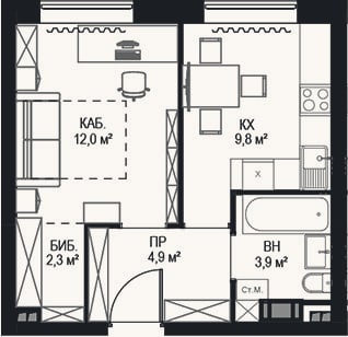 Планировка: 1-к, 32,9 м²