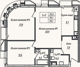 Планировка: 3-к, 79,1 м²
