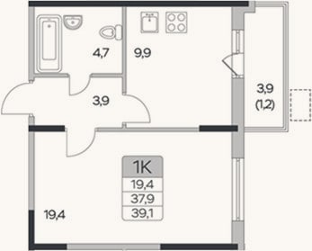 Планировка: 1-к, 37,9 м²