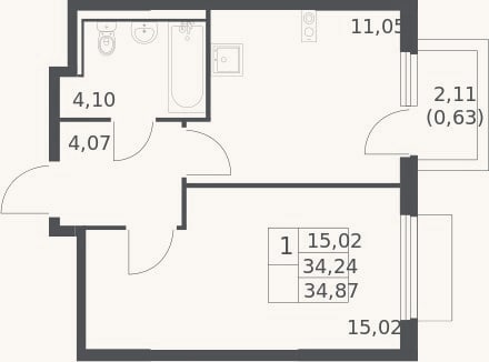 Планировка: 1-к, 34,2 м²