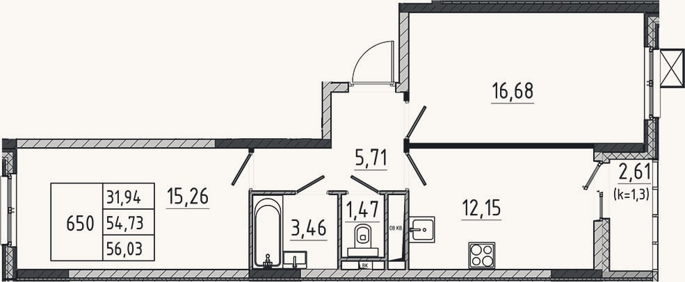Планировка: 2-к, 54,7 м²
