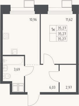 Планировка: 1-к, 35,3 м²