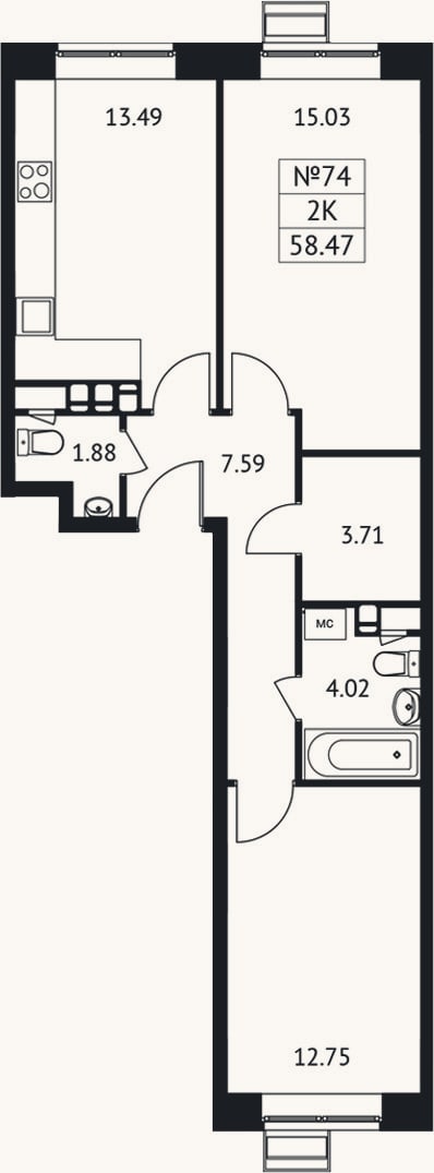 Планировка: 2-к, 58,5 м²
