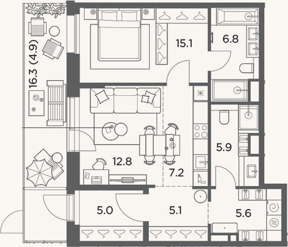 Планировка: 2-к, 63,5 м²