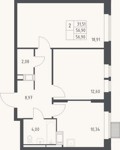 Планировка: 2-к, 56,9 м²