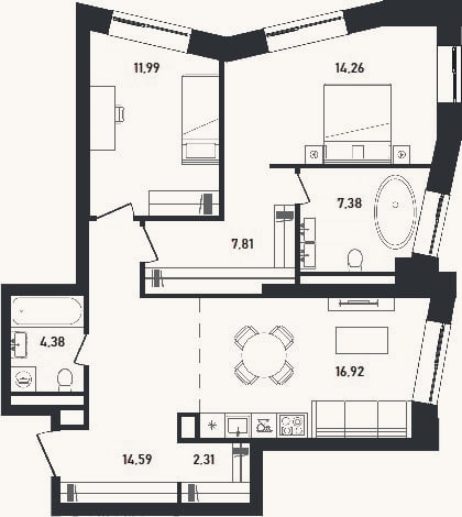 Планировка: 2-к, 79,5 м²