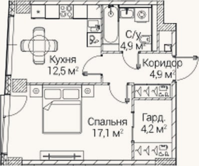 Планировка: 1-к, 43,3 м²