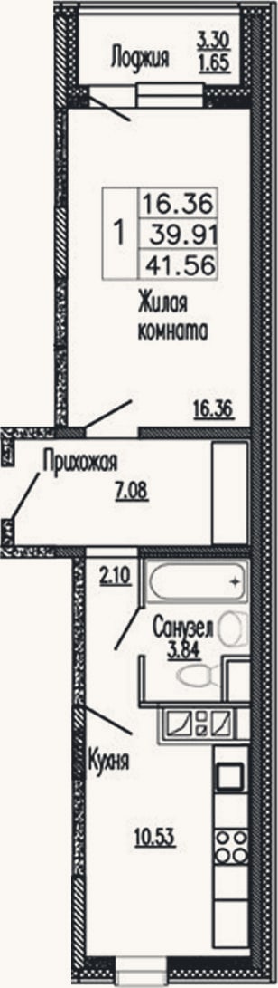 Планировка: 1-к, 39,9 м²