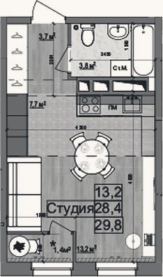 Планировка: Студия, 28,4 м²
