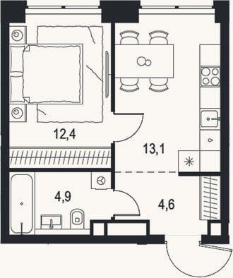 Планировка: 1-к, 35 м²