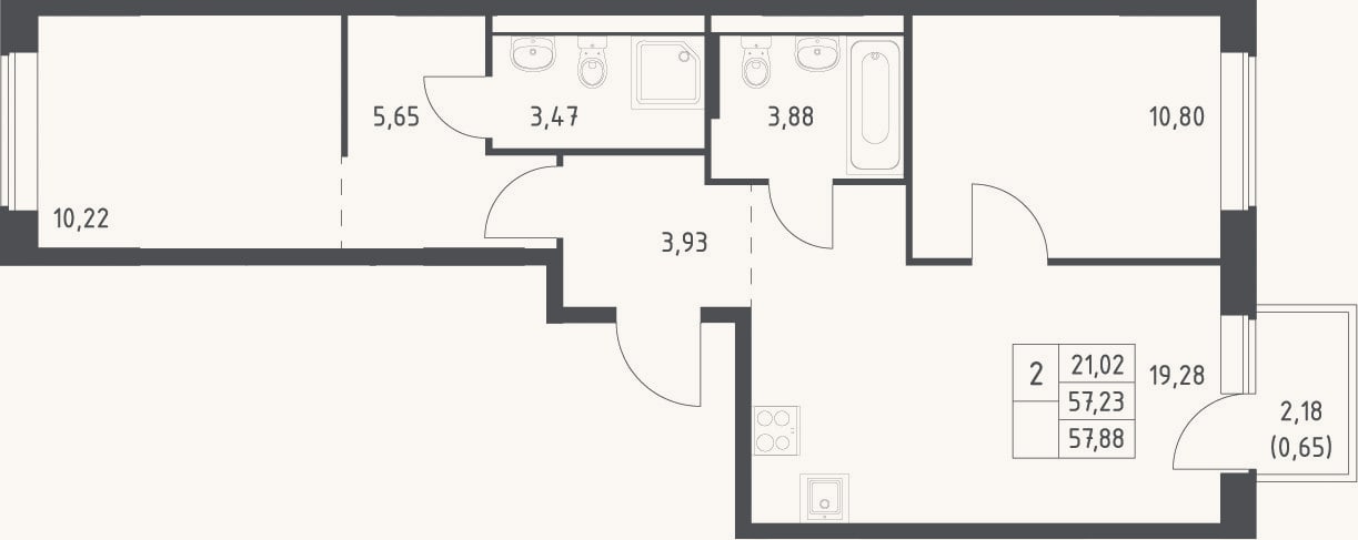 Планировка: 3-к, 57,2 м²