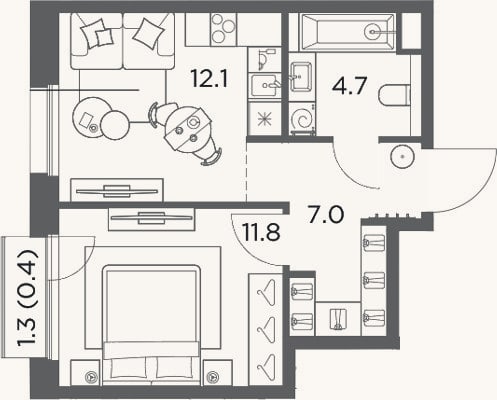 Планировка: 1-к, 35,6 м²
